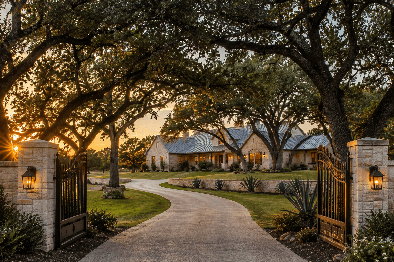 A limestone estate entrance framed by mature live oaks